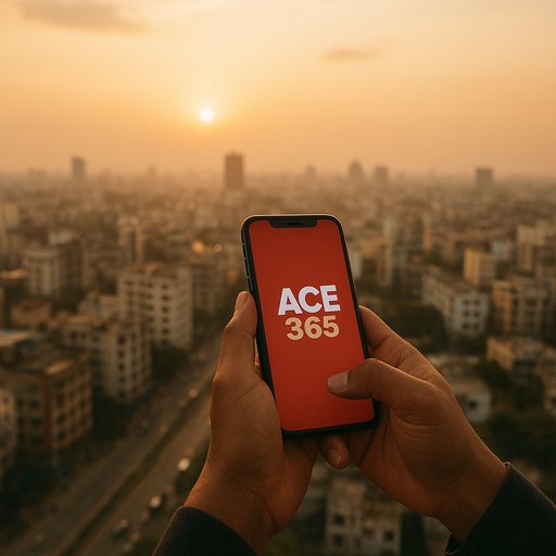 ACE365 Dhaka city skyline with mobile device